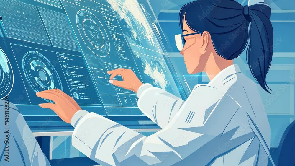 Poster scientist analyzing data on a high-tech interface screen.