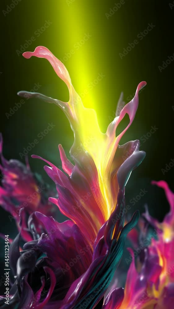 Poster abstract forms of iridescent liquid paint flowing upwards with a burst of light, creating organic sh