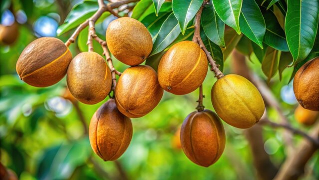 Shea nut pods on Vitellaria paradoxa tree leaves with green stems and golden brown colors, rustic, earthy,  rustic