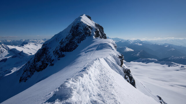Majestic snow-covered mountain peak rises against a clear blue sky, showcasing the rugged terrain and vast expanse of the wintry alpine landscape on a bright day.