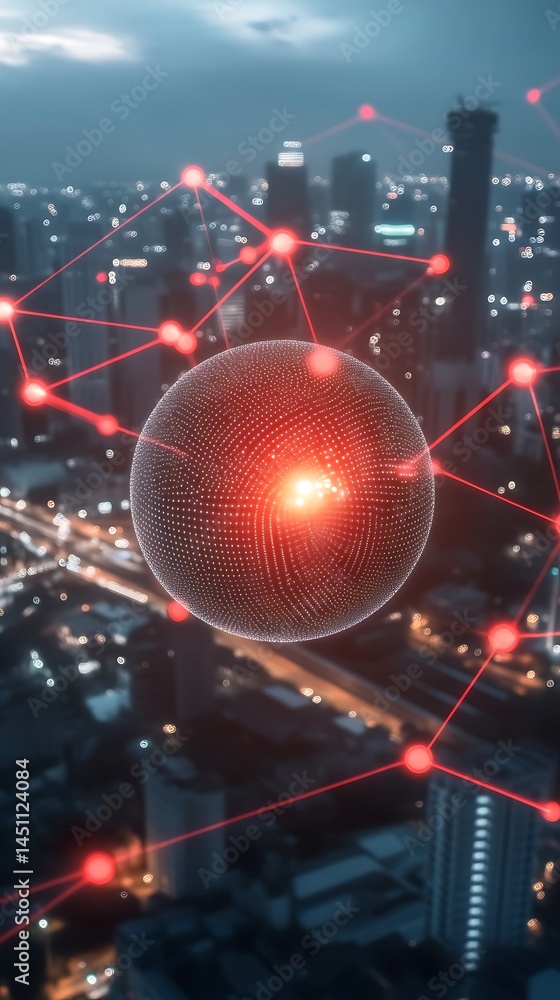 Poster futuristic networking hub over metropolis skyline, connected sphere design