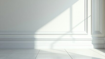 Obraz premium Sunlight illuminates a minimalist white room with wainscoting and tile floor.