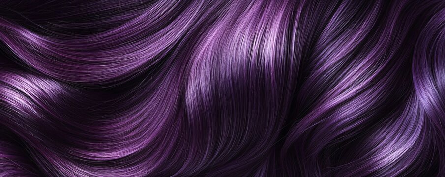 Shiny purple hair strands in wavy pattern. Closeup of vibrant dyed hairstyle. Beauty industry trend. Hair care and coloring concept. Luxurious hair texture background.