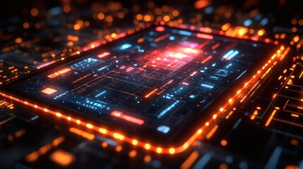 Fototapeta premium Futuristic technology interface displaying complex network activity, circuit board style elements and glowing light effects on a transparent background, PNG image, PNG file.