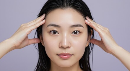 Fototapeta premium Young woman with dark straight hair in a calm and composed portrait