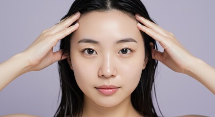 Fototapeta premium Young woman with dark hair and neutral expression in front of light purple background