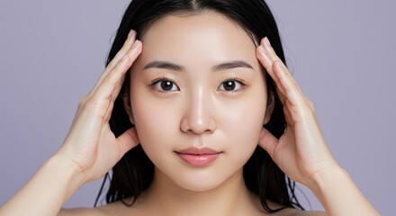 Fototapeta premium Young woman with dark hair and fair complexion looking directly at the camera with hands on head