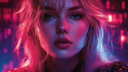 Attractive woman portrait glowing in pink, blue, and magenta light, wavy blonde hair and soft features, striking glance on a transparent background, PNG image, PNG file.
