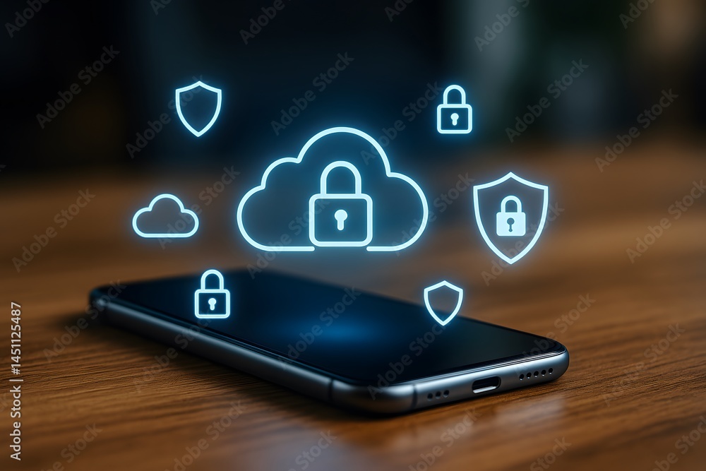 Poster a smartphone lies on a wooden table with floating cloud, lock, and shield security icons. concept of