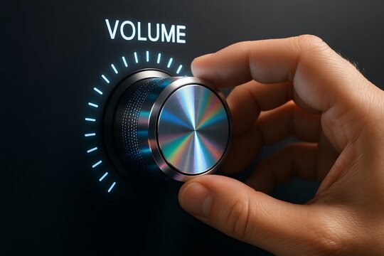 A hand turns a metallic volume dial illuminated by blue LED indicators on a dark background. Concept of audio control and user interaction.