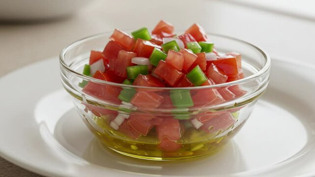 Fresh Brazilian vinagrete salad with diced tomato, onion, and bell pepper, served in a bowl over a light background. Vibrant, colorful, and ideal for barbecue or summer meals.