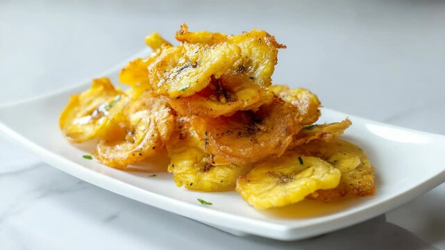 Pile of fried plantain chips, golden crispy snacks on white rectangular plate, appetizer, side dish, Caribbean cuisine, close up