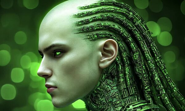 Futuristic cyborg transformation with neon green tech and intense gaze