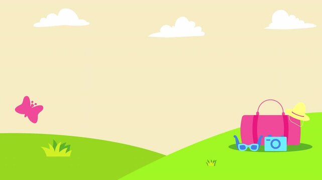 Spring Bank Holiday With Green Hills, Clear Skies And Holiday Essentials Like Bags, Cameras And Glasses. 4k Animation