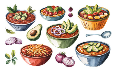 Assorted chili recipes in bowls