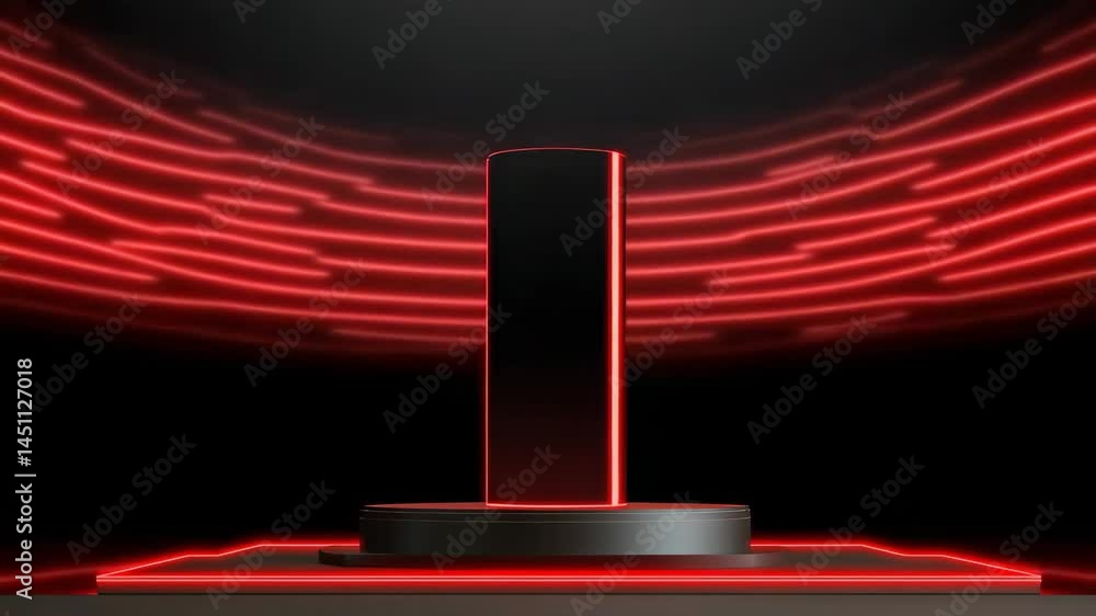 Poster futuristic empty stage with red neon lights and podium with pillar for product display in dark scene
