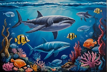 Fototapeta premium Coral reef with abundant marine life, tropical fish, sharks, seaweed 