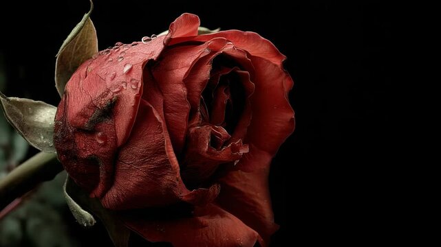 A red rose with water droplets against a stark black background creating a dramatic and emotional floral botanical still life for artistic purposes.