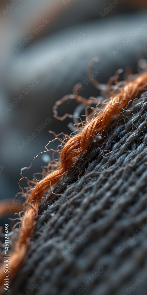 Poster extreme close-up of fabric unraveling, a macro shot of textile fibers separating. threads coming loo