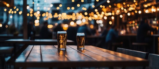 Golden brews on a wooden pub table under ambient lighting create an inviting evening
