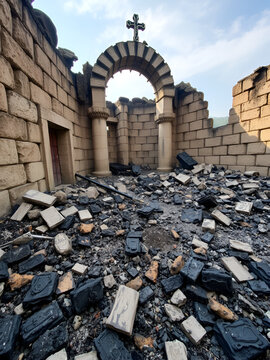 A desecrated shrine where charred remains of relics are scattered amidst the wreckage of stone walls.