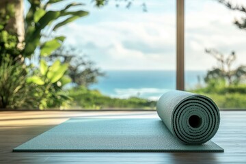 Fototapeta premium A rolled-up teal yoga mat rests on a wooden floor near a tranquil ocean view.