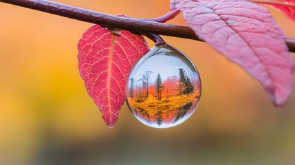 Autumnal Forest Reflected in Dewdrop on Red Leaf
