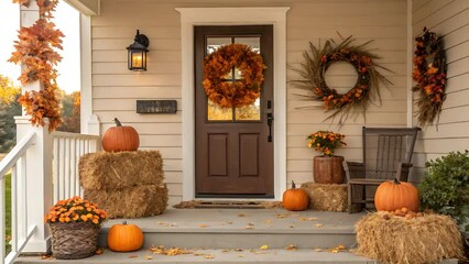 Fall porch decor with pumpkins hay bales and autumn wreaths galore