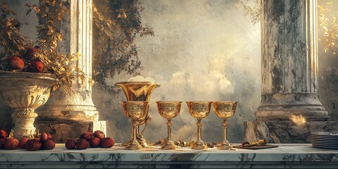 Golden goblets and fruit still life photography on marble table with ancient greek column backdrop image