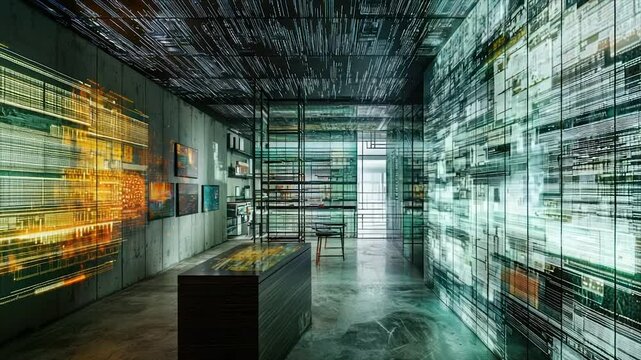 Modern, interactive exhibit hall with digital displays
