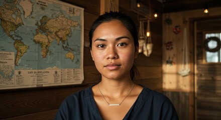 Young woman with calm expression in cozy room with world map and decorative items