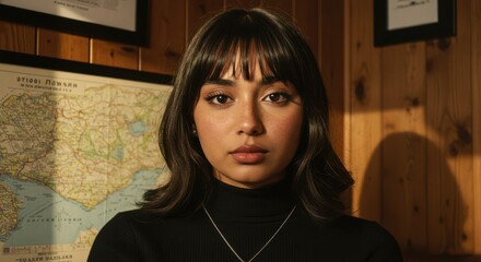 Young woman in black turtleneck sweater with serious expression in front of large framed map on wooden wall