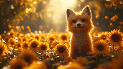 Adorable Fox Amidst Sunflowers at Golden Hour