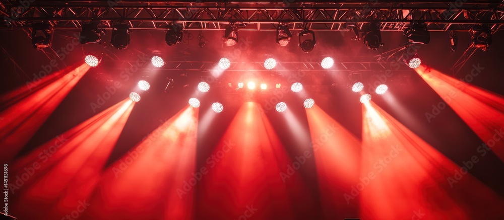 Poster illuminated stage with vibrant red spotlights creating atmosphere and depth