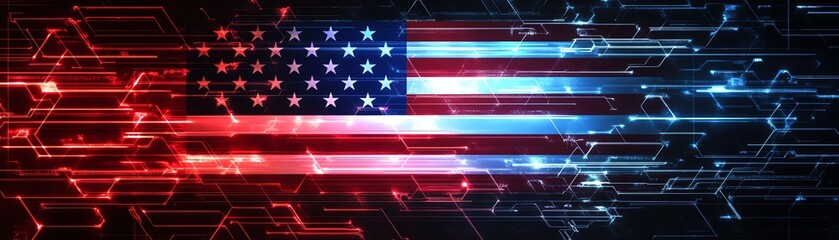 Digital American flag with technology elements, vibrant colors, abstract design