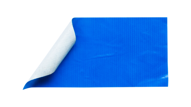 peeled blue duct tape adhesive on isolated white background