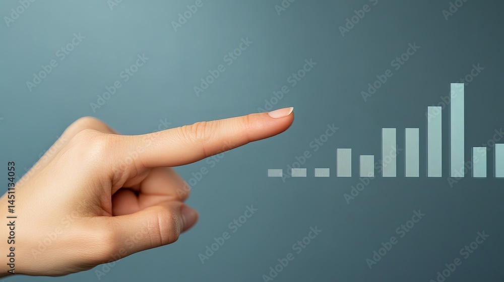 Poster hand pointing at ascending bar graph business growth success financial data analytics chart progress