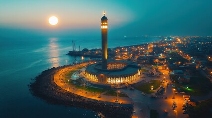 Coastal Mosque at Dusk, Aerial View, Illuminated Cityscape