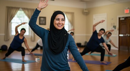 Smiling Woman in Hijab Leads Yoga Class