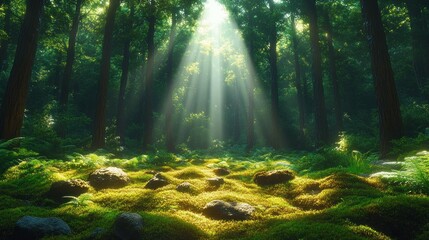 Fototapeta premium Sunbeams Illuminating a Mystical Forest