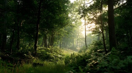 朝の光が差し込む静かな森の小道