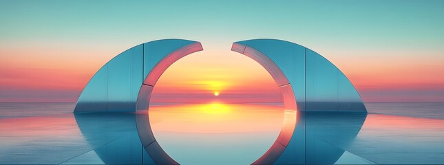 Fototapeta premium Modern geometric 3D architecture scene with metallic arch and minimal abstract design