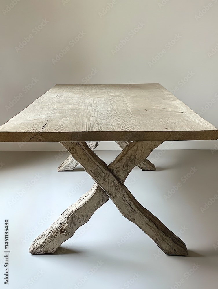 Poster textured rectangular table with x shaped supports on a light gray background