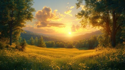 Fototapeta premium Golden Hour Serenity: A Sunset Landscape in a Blooming Meadow