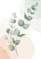 Delicate eucalyptus branches with watercolor textures, evoking a sense of serenity and natural beauty, perfect for backgrounds and minimalist design