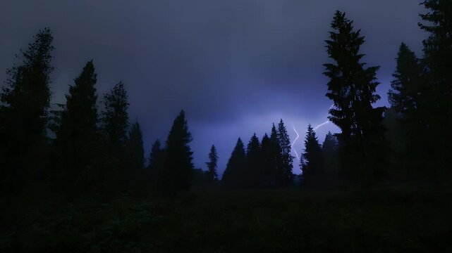 Lightning flashes over dark forest