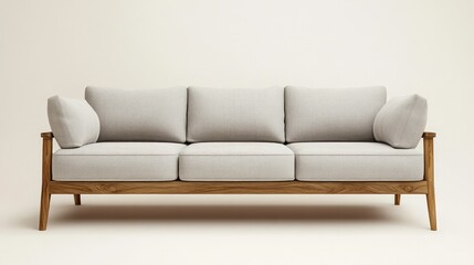 Three-seat sofa with wooden frame against a cream backdrop featuring detailed textured fabric and soft lighting for interior design.