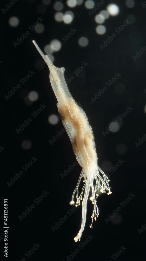 Poster transparent invertebrate organism with branching appendages floats against a dark background with bo