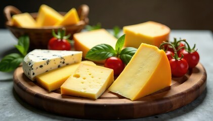 Elegant cheese platter, various cheeses, clean backdrop , delicacy, food styling, still life