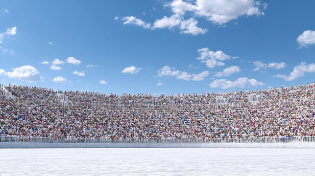 A vast crowd of people fills the stadium seating on a sunny day, creating a vibrant atmosphere as they anticipate an exciting event in the snow arena.
